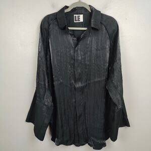 Local European Black Satin Pleated Button-Front Shirt